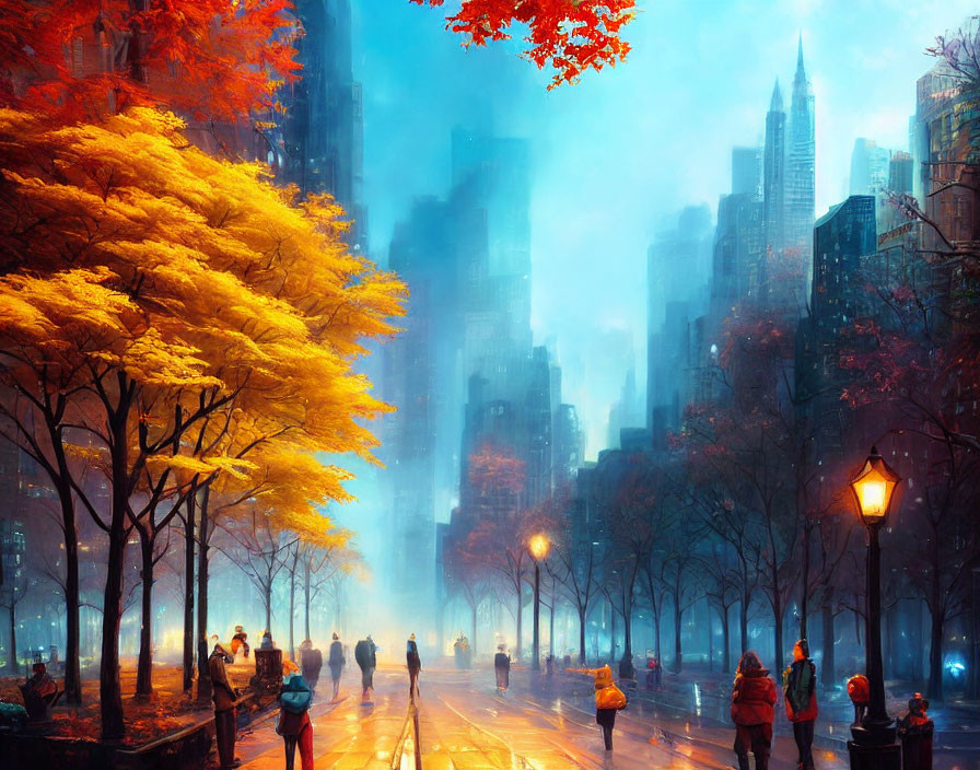 Ethereal cityscape at dusk with autumn trees, misty street, warm streetlights, pedestrians