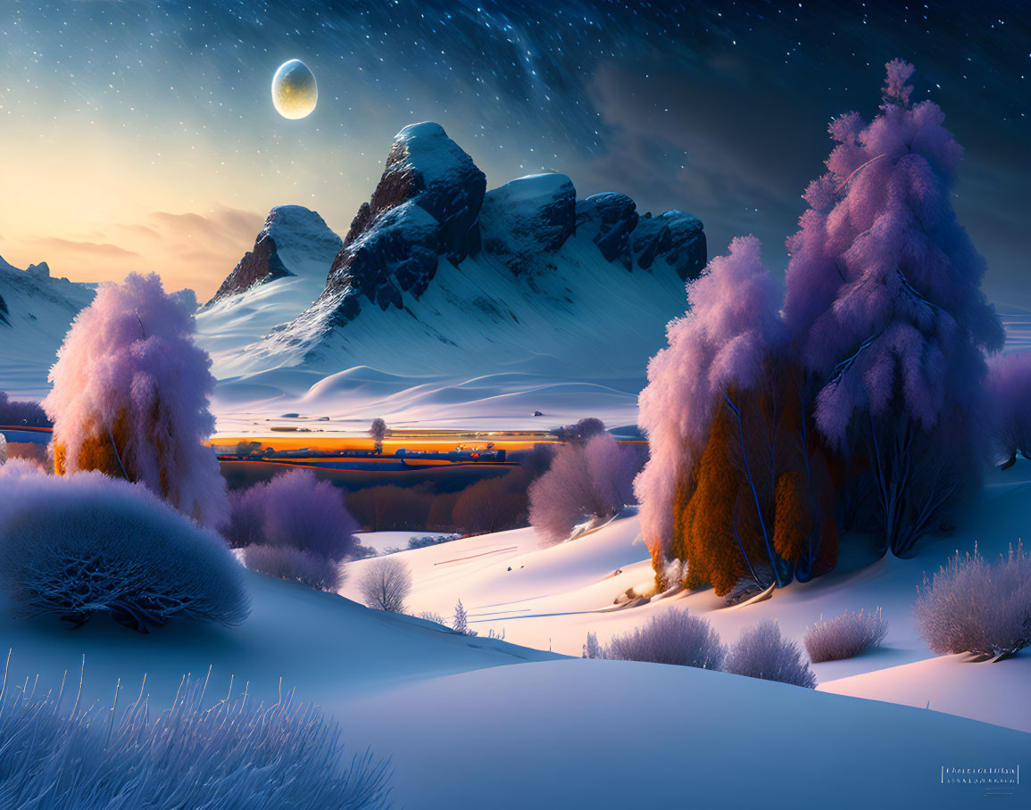 Snow-covered twilight landscape with purple trees, distant mountains, and starlit sky.