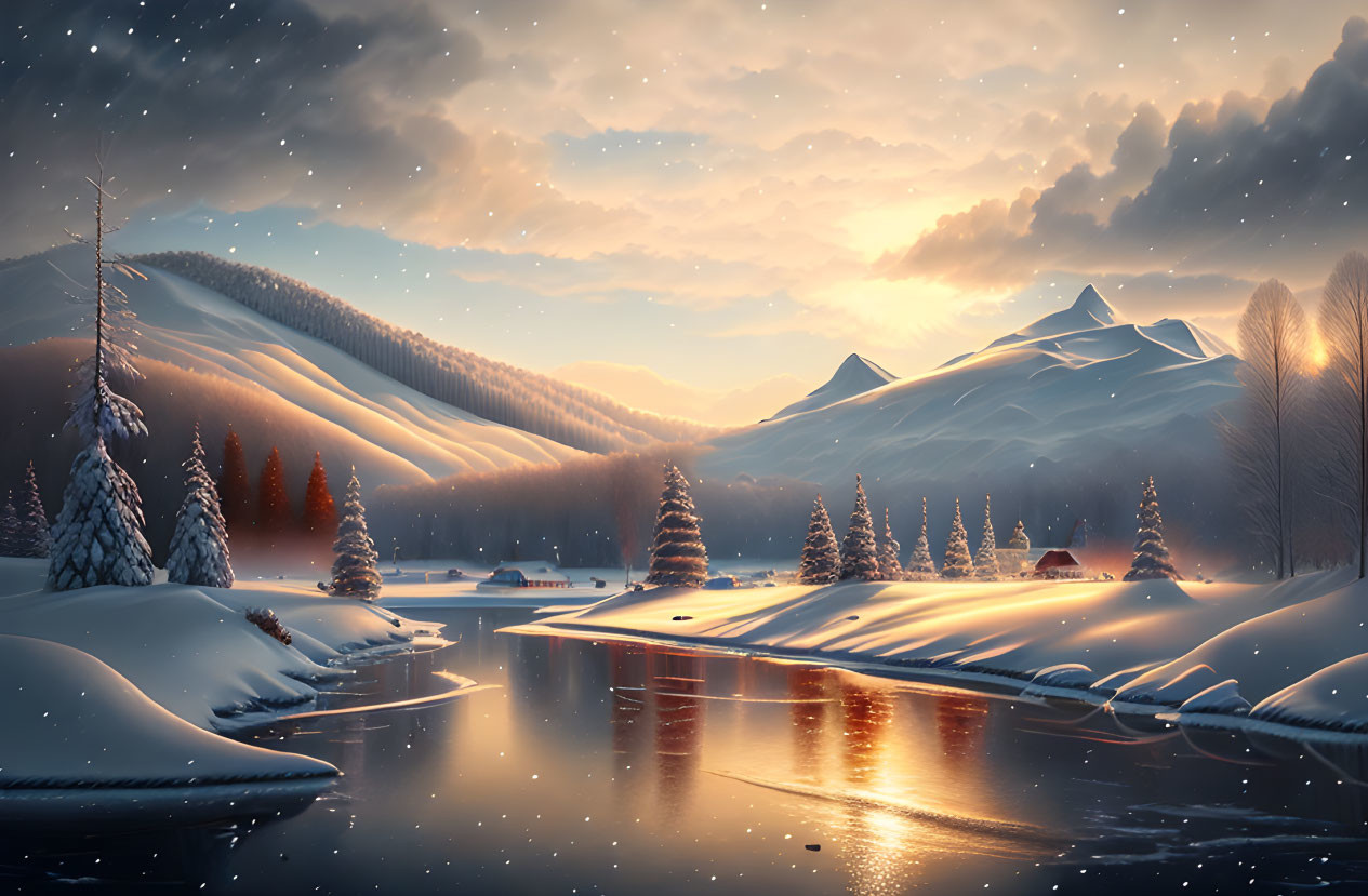 Snow-covered trees, mountains, river, cottages in serene winter landscape