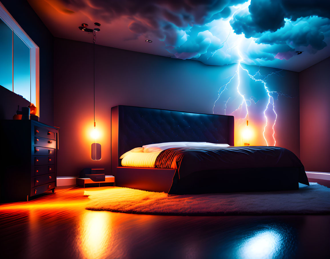 Contemporary bedroom with stormy night sky view and vibrant lightning