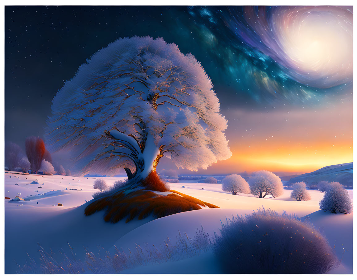 Snow-covered tree in vibrant sunset with celestial body in surreal winter landscape