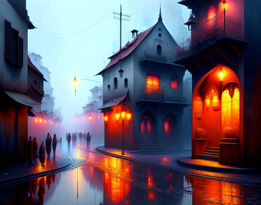 Dusk street scene: illuminated buildings, wet cobblestones, silhouetted figures