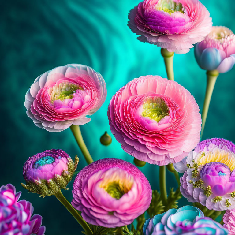 Colorful pink and purple ranunculus flowers on teal background