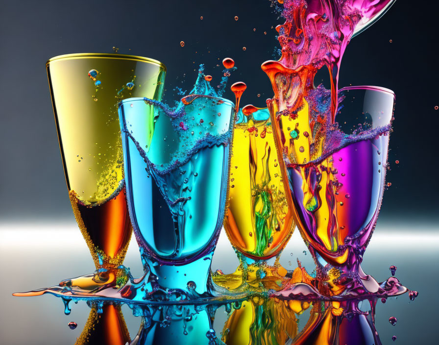 Colorful splashing liquids in five glasses on dual-tone background