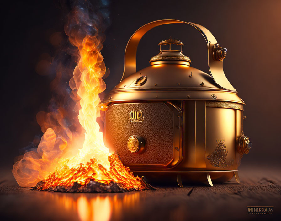 Vintage copper kettle on glowing ember fire with smoke, rustic ambiance.