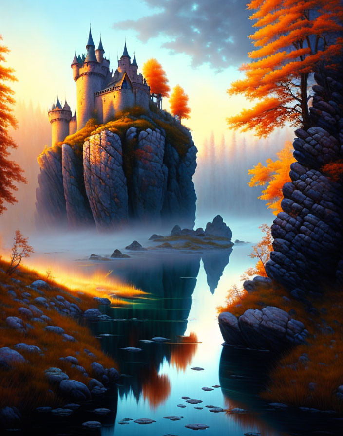 Castle on Cliff Surrounded by Autumn Trees and River at Sunset