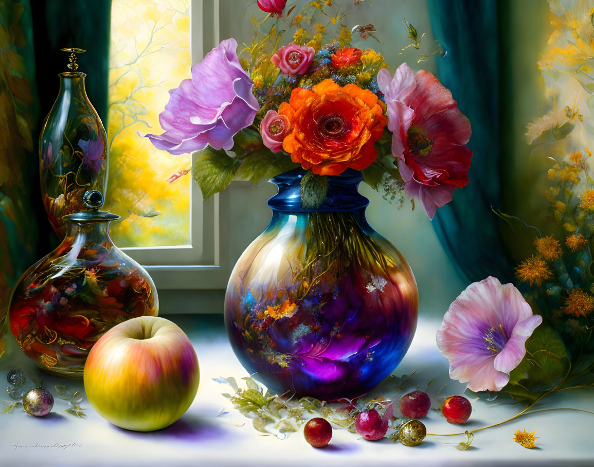 Colorful Floral Bouquet Still Life Painting with Fruits and Jar on Windowsill