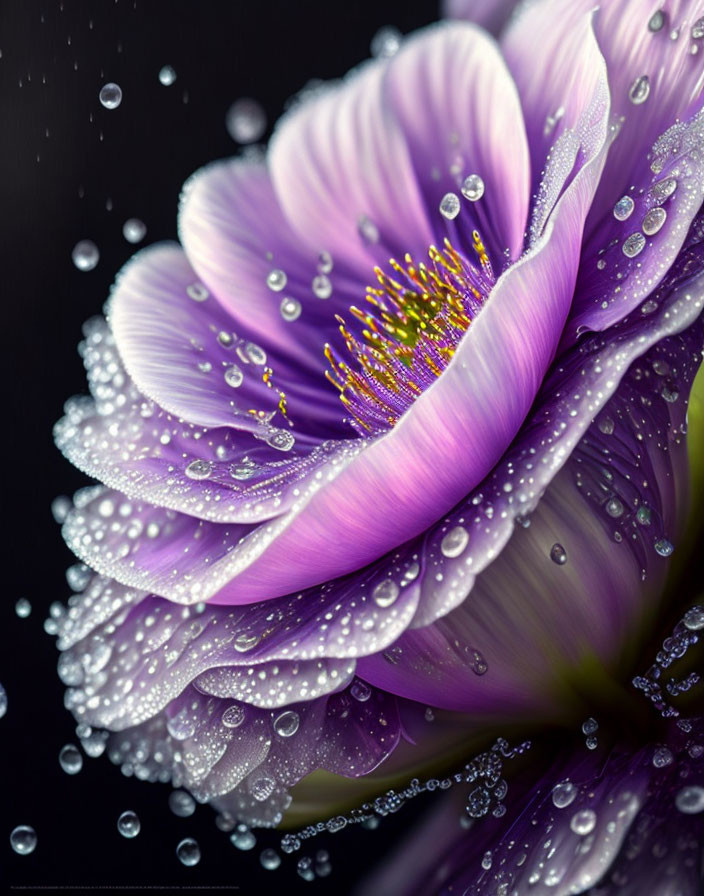 Vibrant Purple Flower with Water Droplets on Petals on Dark Background