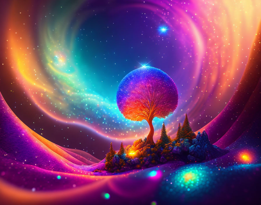 Colorful fantasy landscape with glowing tree and cosmic skies