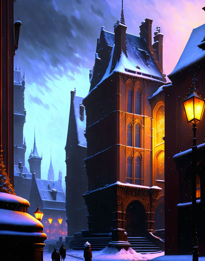 Snow-covered Gothic building at night with warm glowing lights and figures walking.