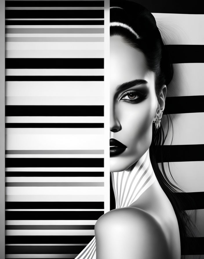 Monochrome image: Woman with striking makeup, face partially obscured by vertical stripes.