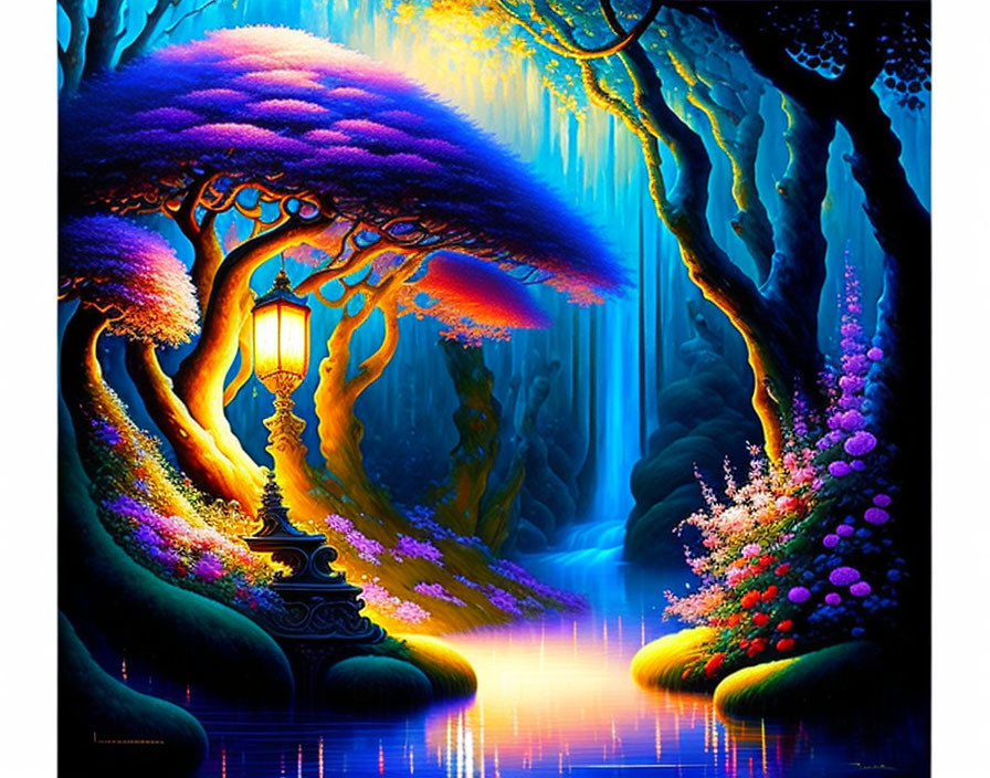 Fantastical landscape with luminous trees and glowing lantern in blue and purple setting