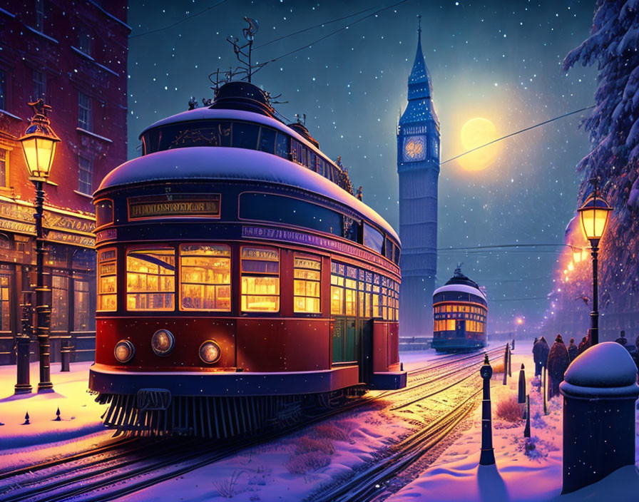 Vintage tram on snowy street at night with glowing streetlights and Big Ben tower under full moon