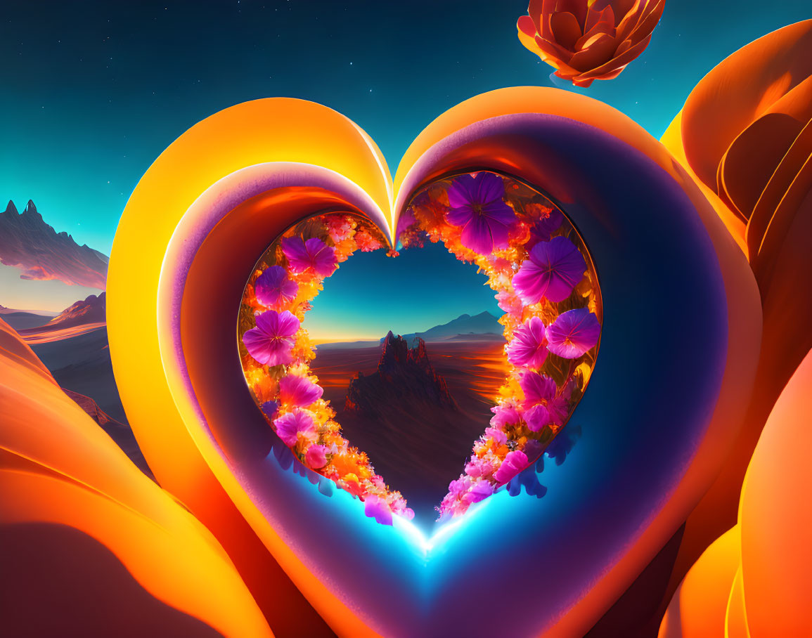 Digital artwork: Heart-shaped frame with flowers, sunset landscape, mountains, starry sky