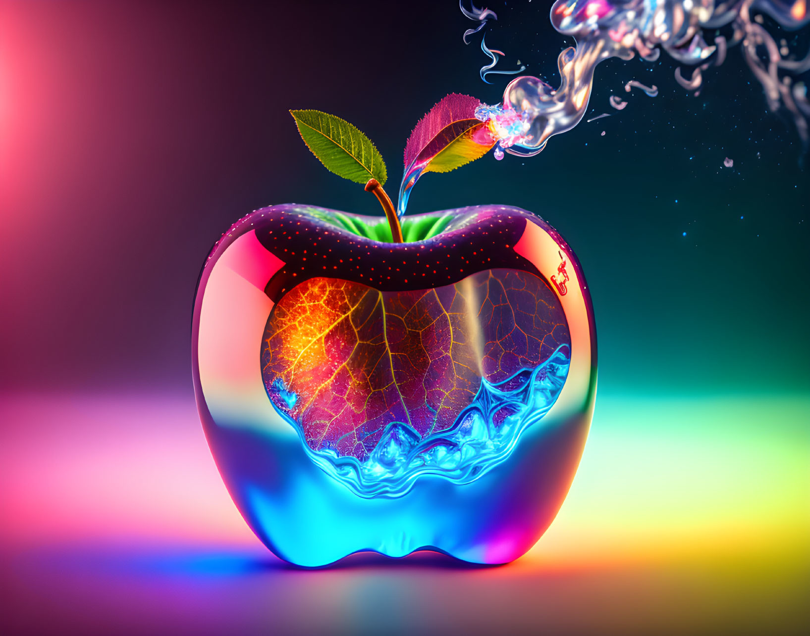 Vivid surreal apple with swirling liquid core on multicolored background