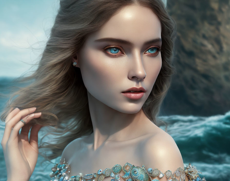 Digital artwork: Woman with blue eyes, wavy hair, ornate dress, seascape backdrop