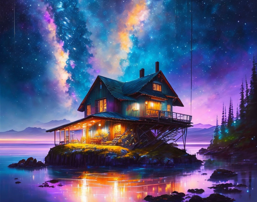 Illustration of Cozy Two-Story Cabin on Islet at Night