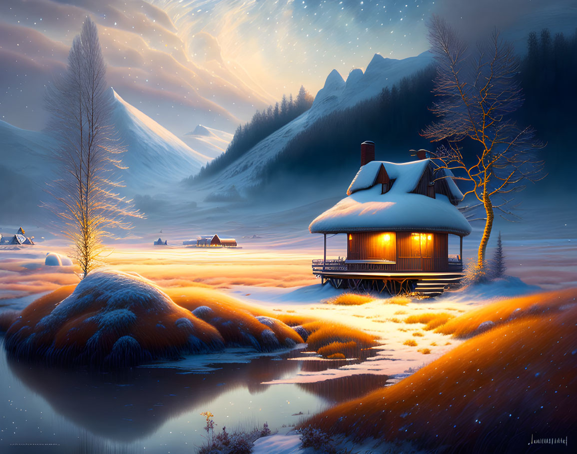 Snow-covered hills and cozy house in serene winter twilight