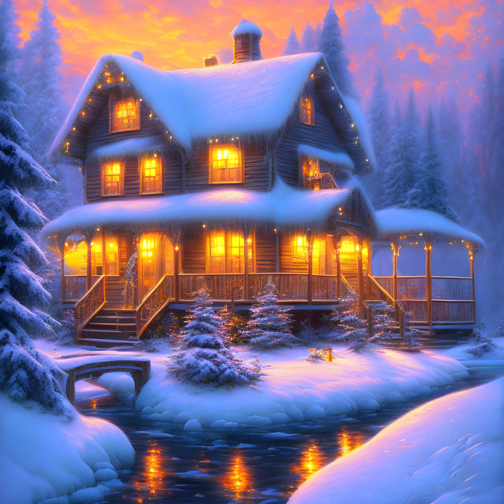 Snow-covered log cabin in twilight forest scene