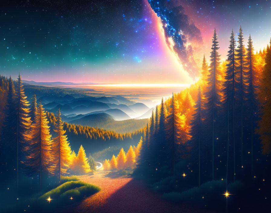 Starlit Sky Over Glowing Forest and Misty Mountains at Dusk