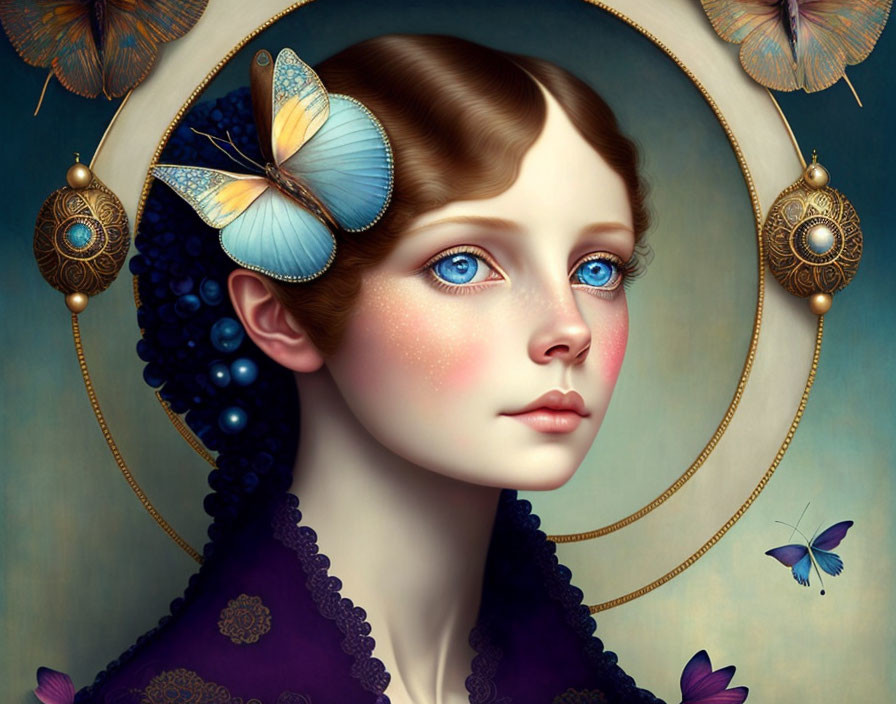 Young woman with blue eyes and butterflies in surreal digital artwork