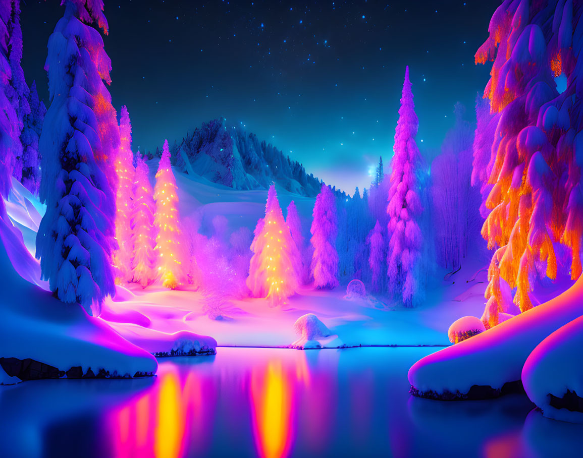 Snow-covered trees and neon lights in serene winter night scene