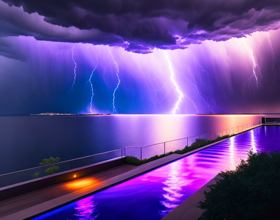 Vibrant lightning over calm sea with colorful lights on walkway