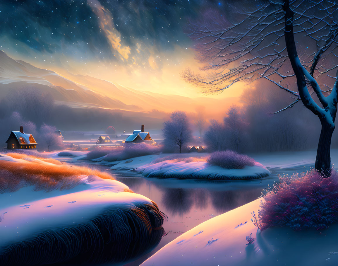 Snow-covered houses, bare tree, river under starry sky at sunrise or sunset