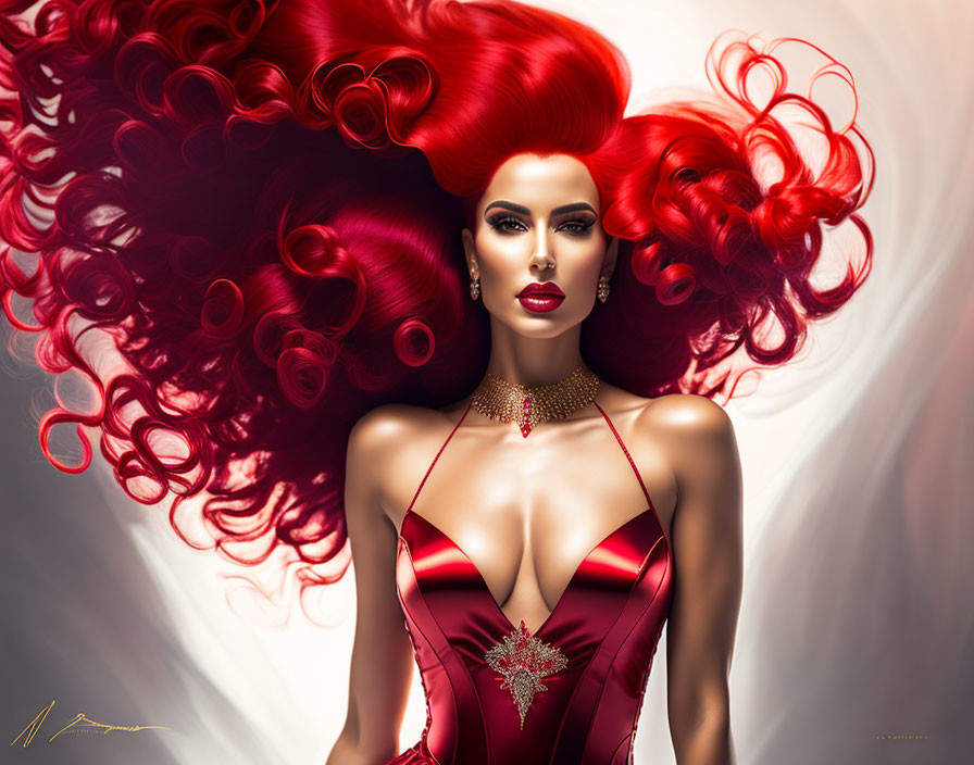 Voluminous red hair woman in stylish digital artwork