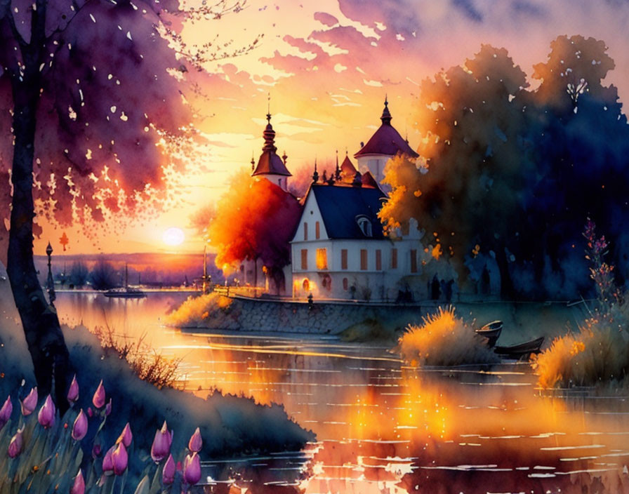 Scenic watercolor painting: sunset over river with church, trees, and flowers