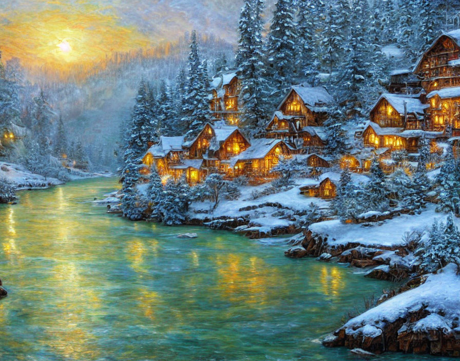 Snowy village by river with cozy cottages under sunset sky