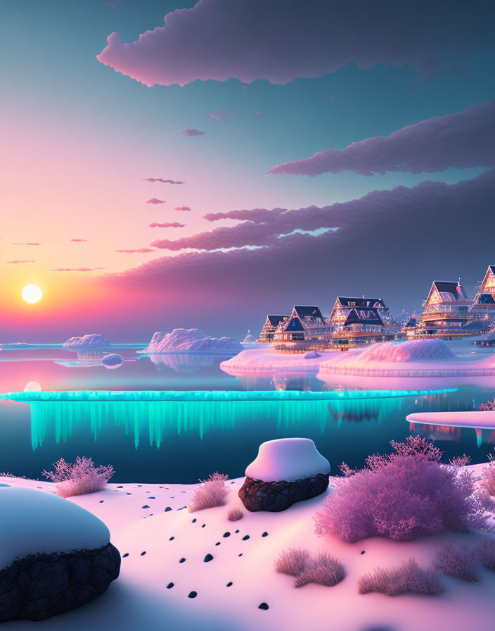 Snowy Sunset Scene: Triangular Houses, Frozen Lake, Pinkish Flora