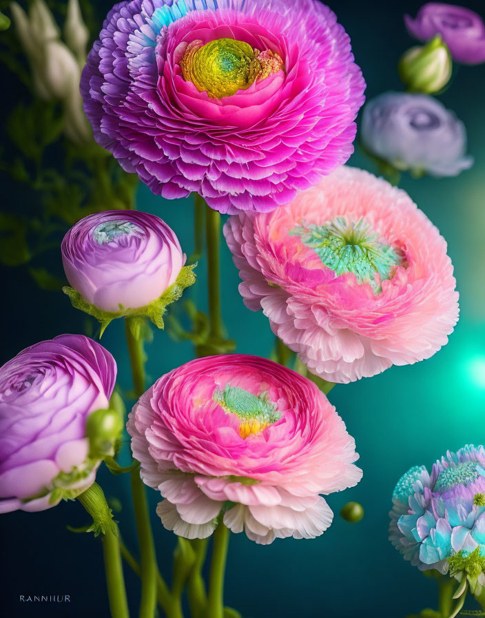 Colorful Ranunculus Flowers in Pink, Purple, and Green on Dark Background