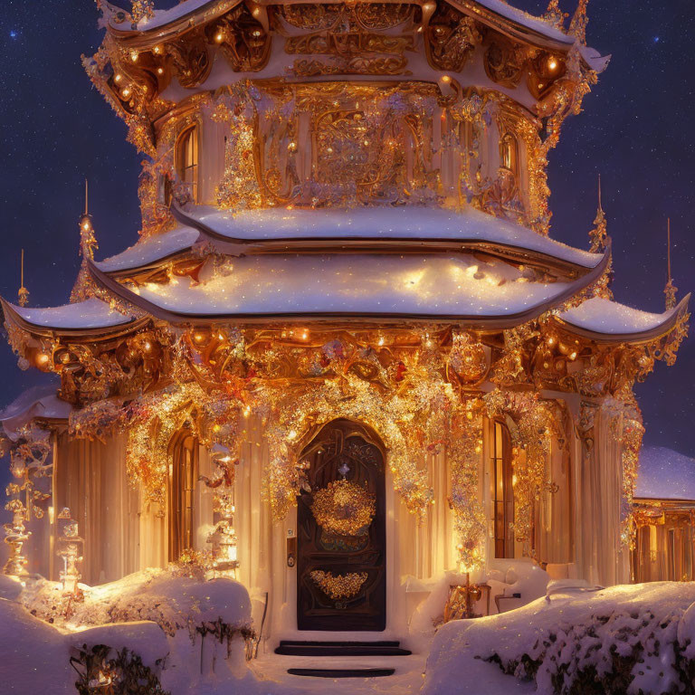 Golden temple glowing in twilight snowscape