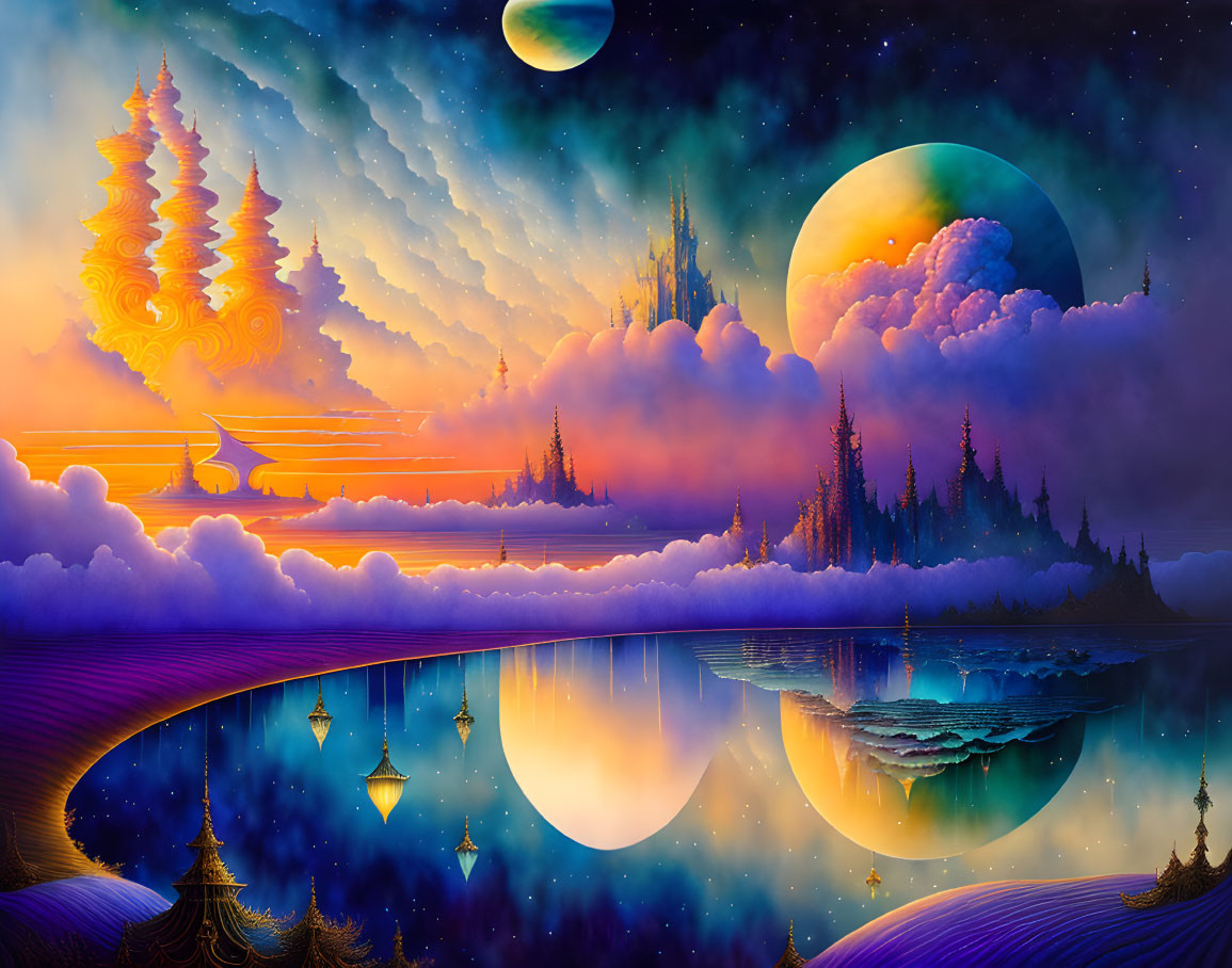 Fantastical landscape with reflective lake and surreal sunset