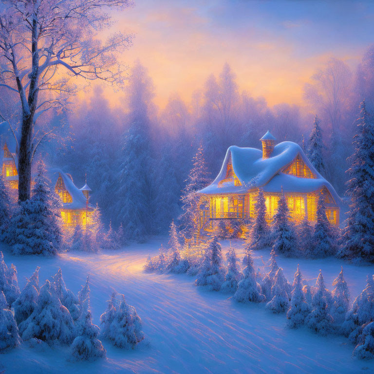 Snowy landscape with warmly lit cottages in twilight hues