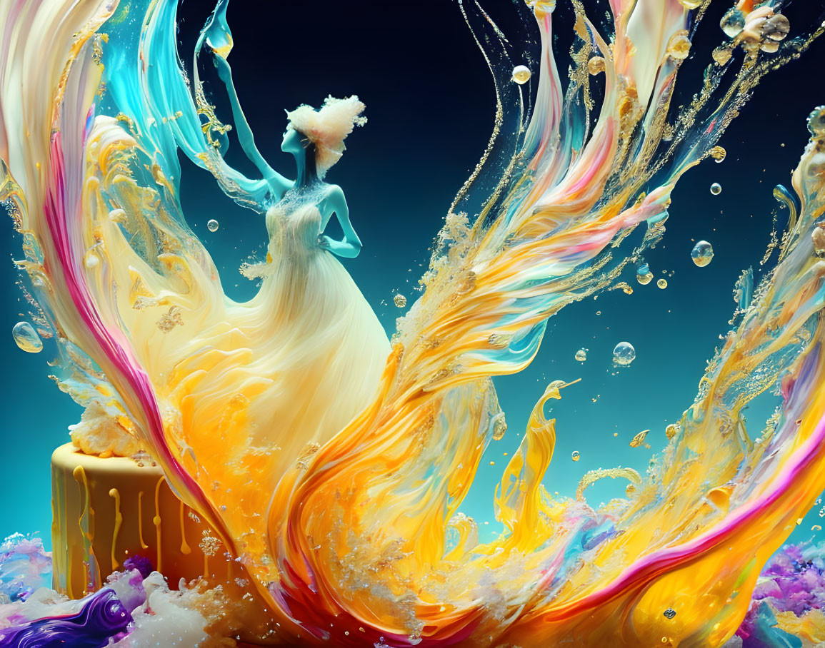 Vibrant digital artwork: Colorful liquid splash on figure in flowing dress