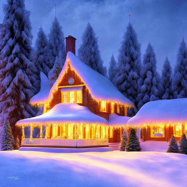 Snowy landscape: Cozy wooden cabin and frost-covered pine trees