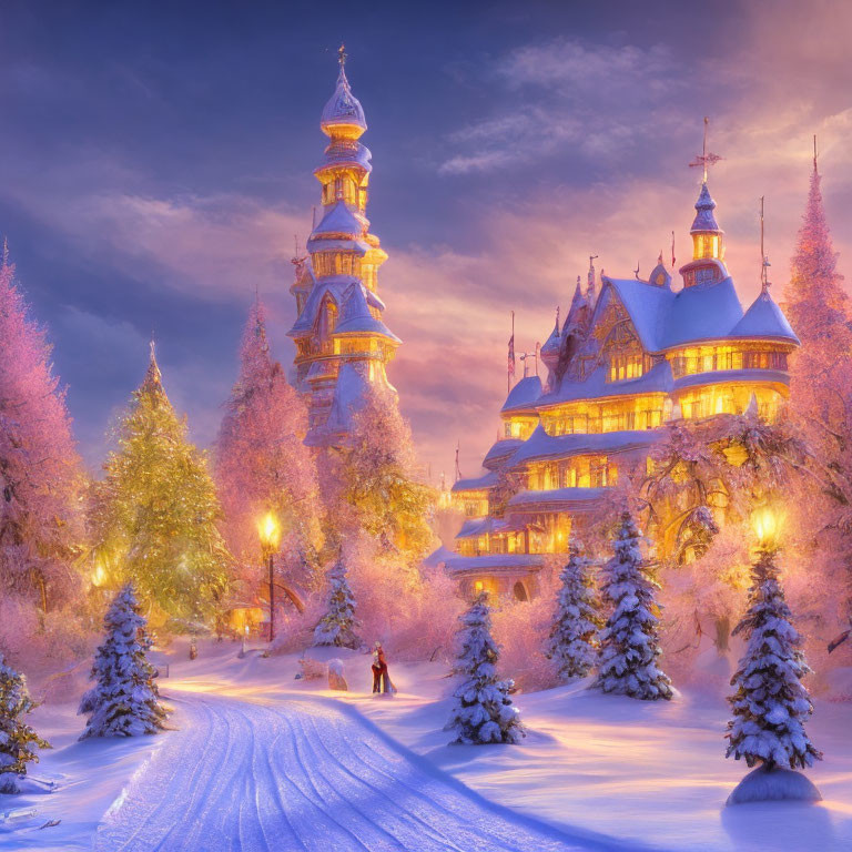 Grand illuminated castle in magical winter scene with solitary figure walking in snowy landscape