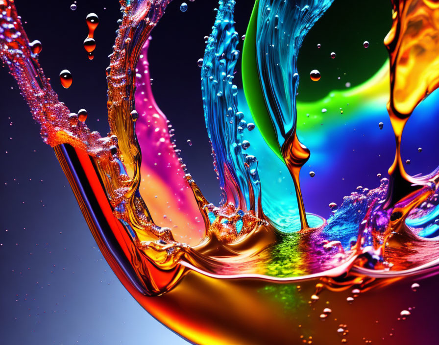 Colorful water splashes on rainbow background.