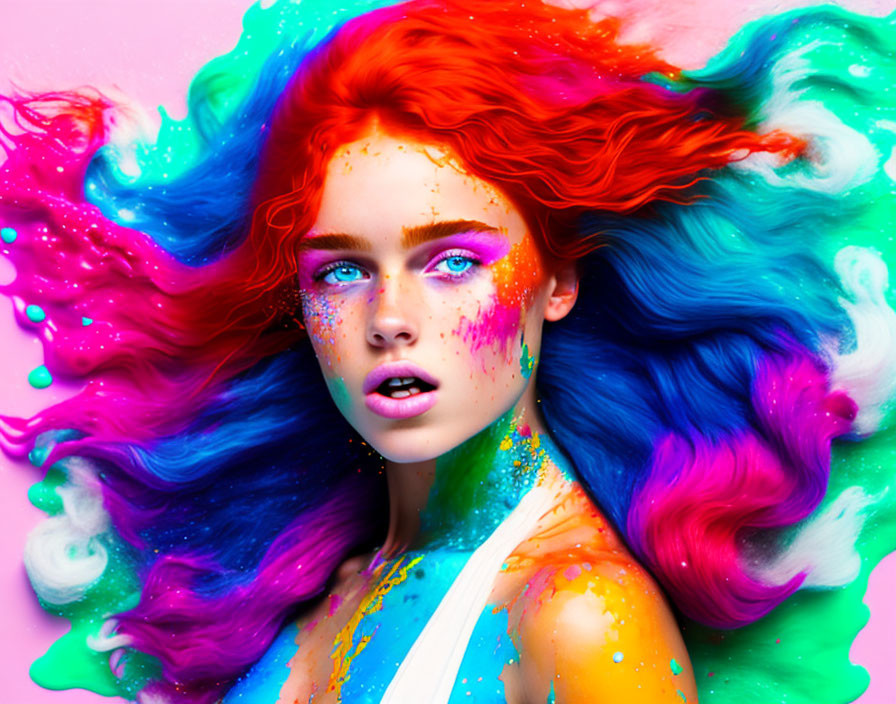 Colorful Woman with Rainbow Hair and Makeup on Pink Background