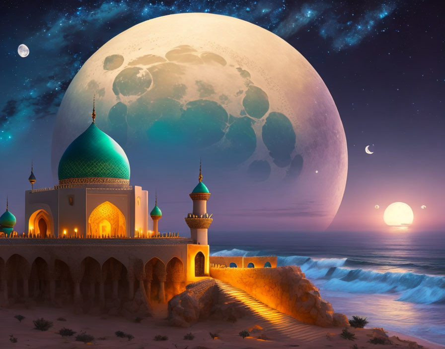 Palatial structure with domes and towers on beach under oversized moon