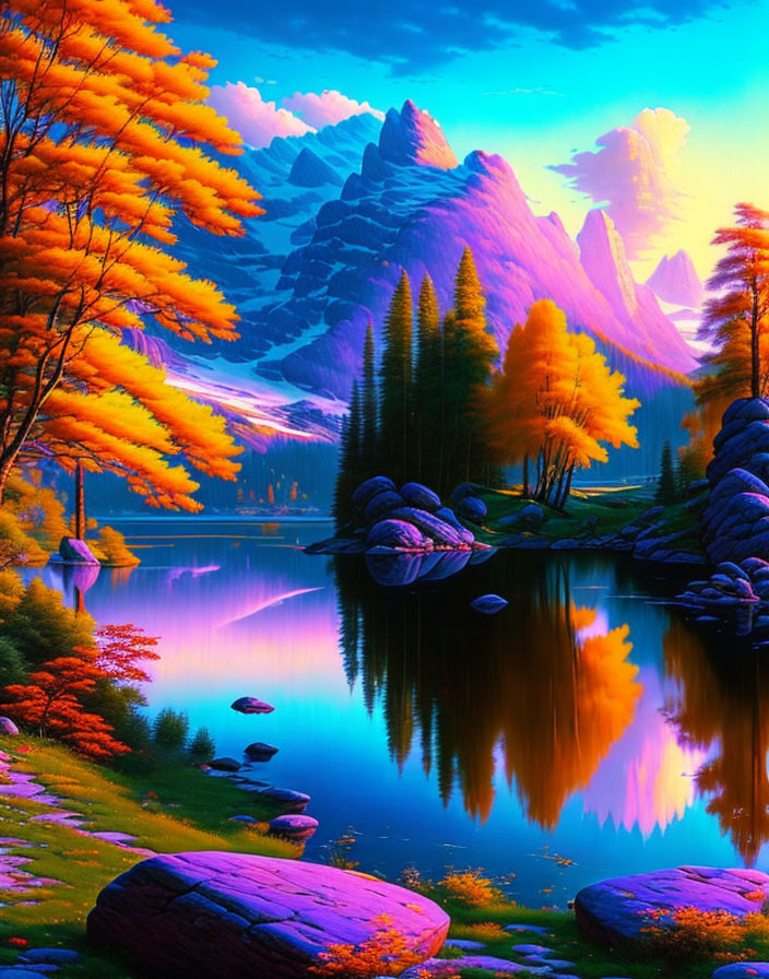 Colorful Foliage and Lake in Twilight Landscape