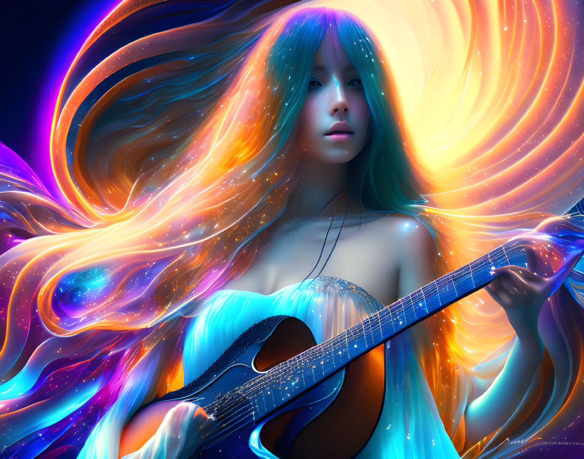 Mystical woman with vibrant hair playing guitar in colorful nebula