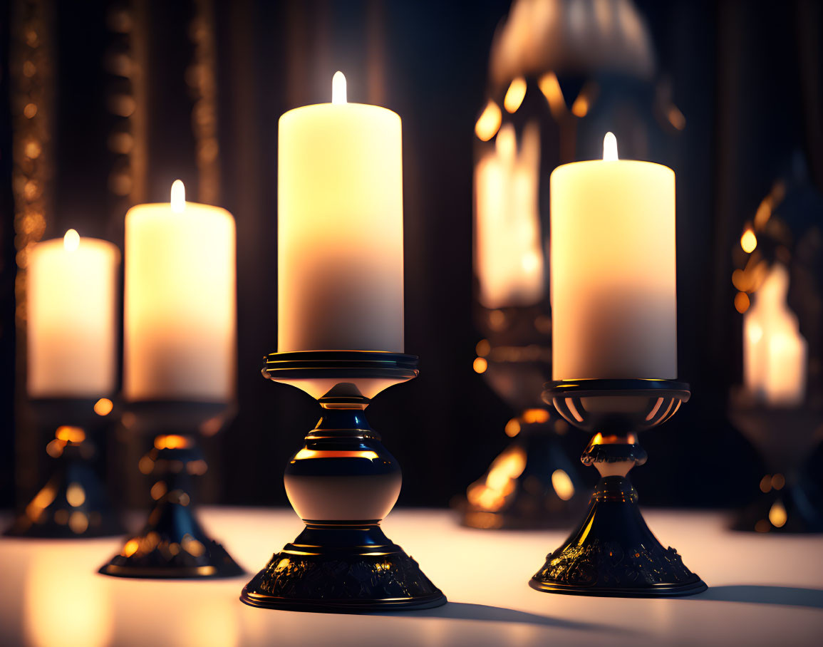 Elegant black candle holders with three lit candles