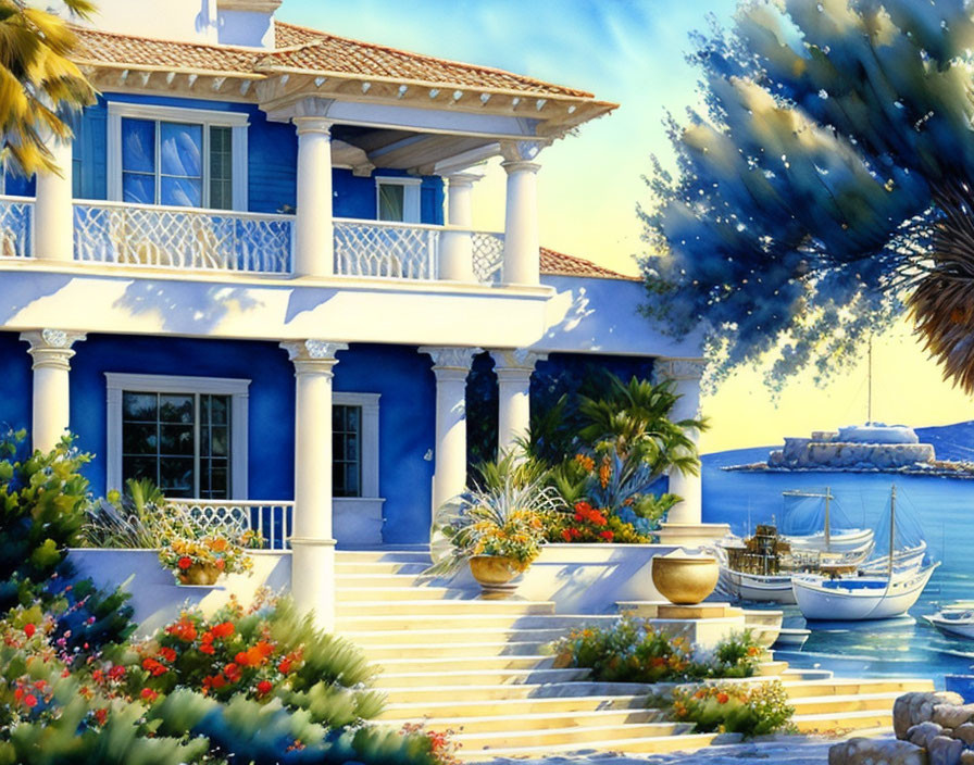 Blue coastal villa painting with white balcony, lush greenery, flowers, and serene sea view.