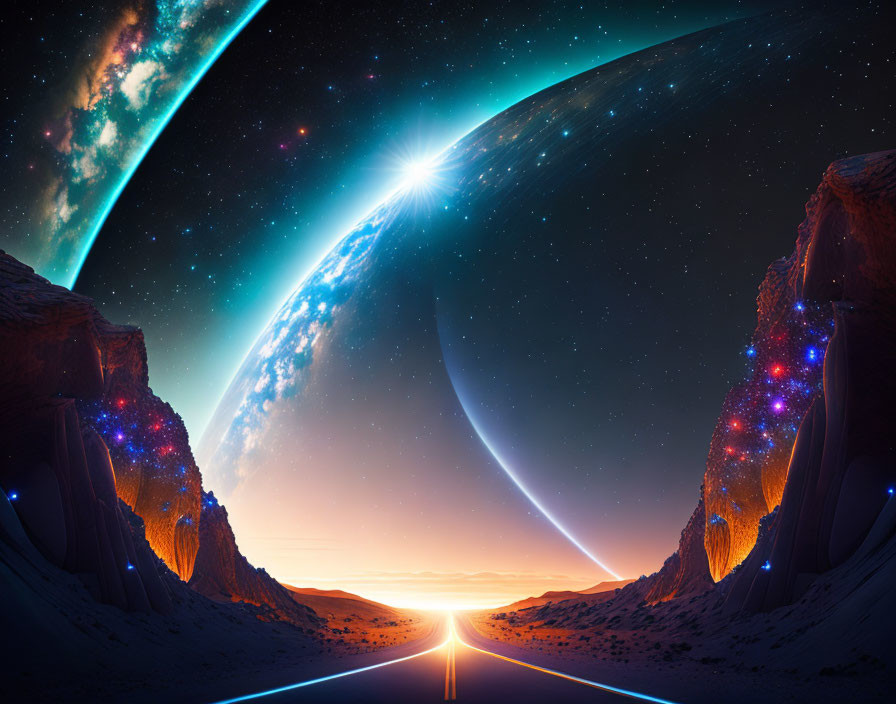 Surreal landscape with road, cliffs, and cosmic horizon