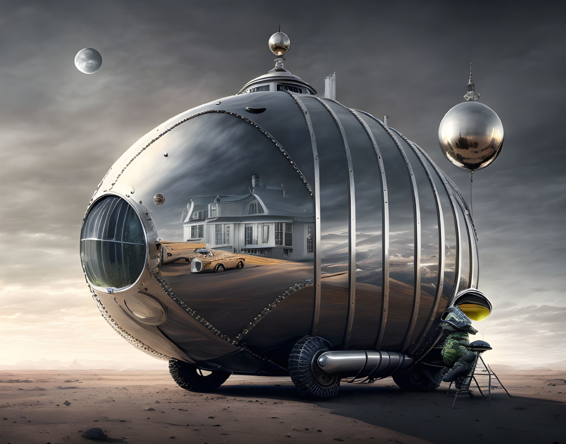 Surreal astronaut by spherical structure in desert landscape