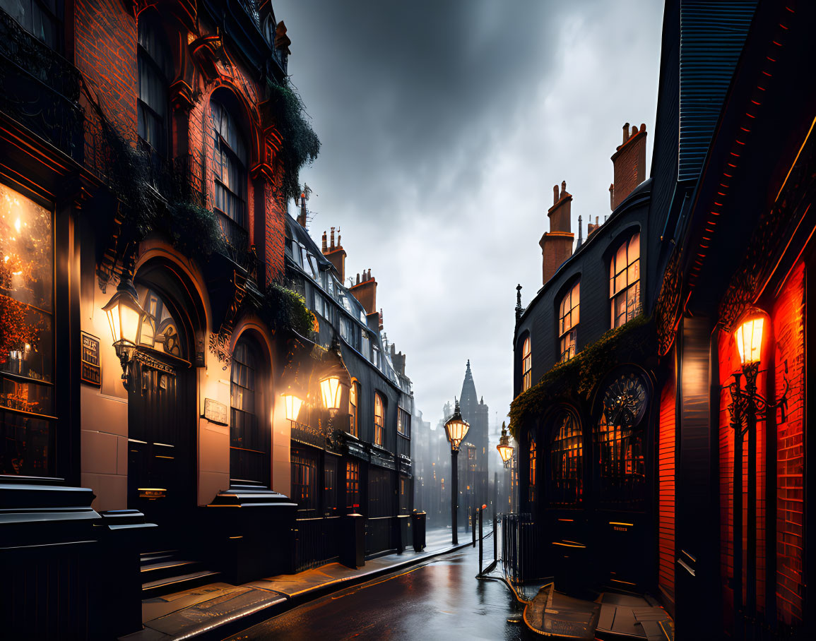 Vintage buildings, glowing lamps, wet cobblestone road - Moody street scene under dramatic sky