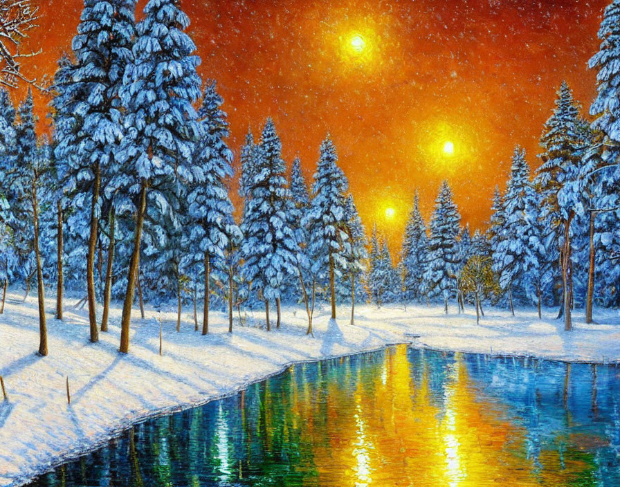 Winter landscape: Snowy trees, river, starry sky.